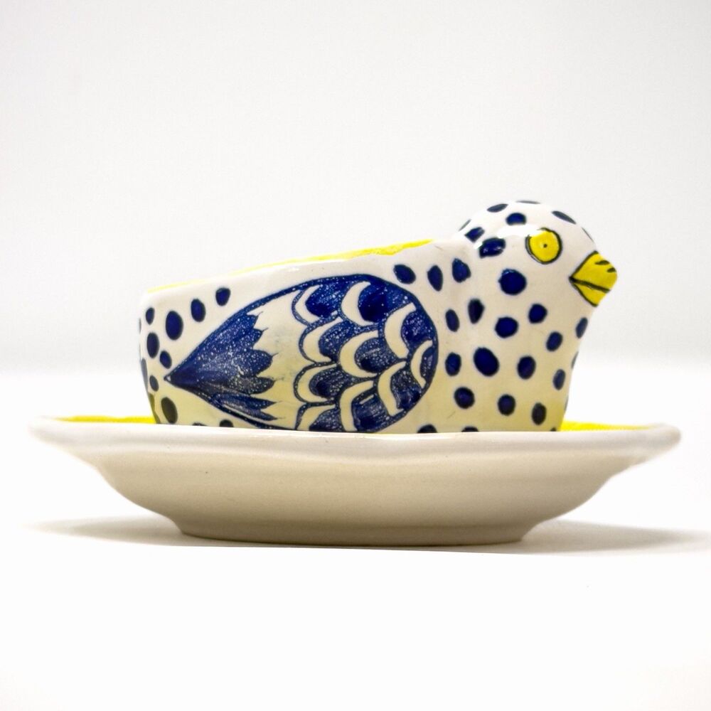 Quimper HB Henriot Bird Dish Blue White Yellow French Pottery Signed - Picture 5 of 8